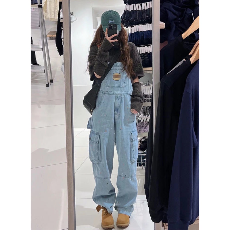 Quần yếm denim suông ống rộng thiết kế khí chất retro Mỹ mùa xuân thu