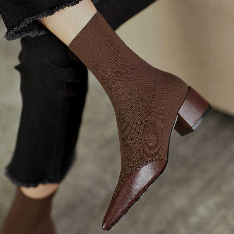 Giày Bốt Da Thật Mũi Nhọn Phối Tất Chất Liệu Co Giãn Có Size Lớn 43-43