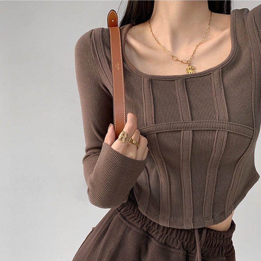 Áo Thun Tay Dài Cổ Vuông Dáng Ôm Thời Trang Quyến Rũ Cho Nữ