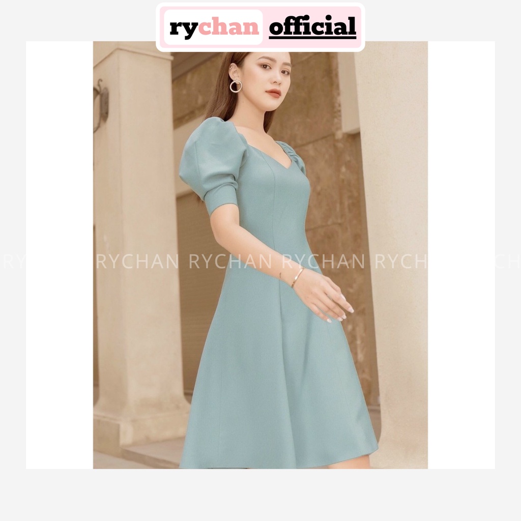 Đầm Xòe Mint Tay Phồng Cổ Tim - DX983