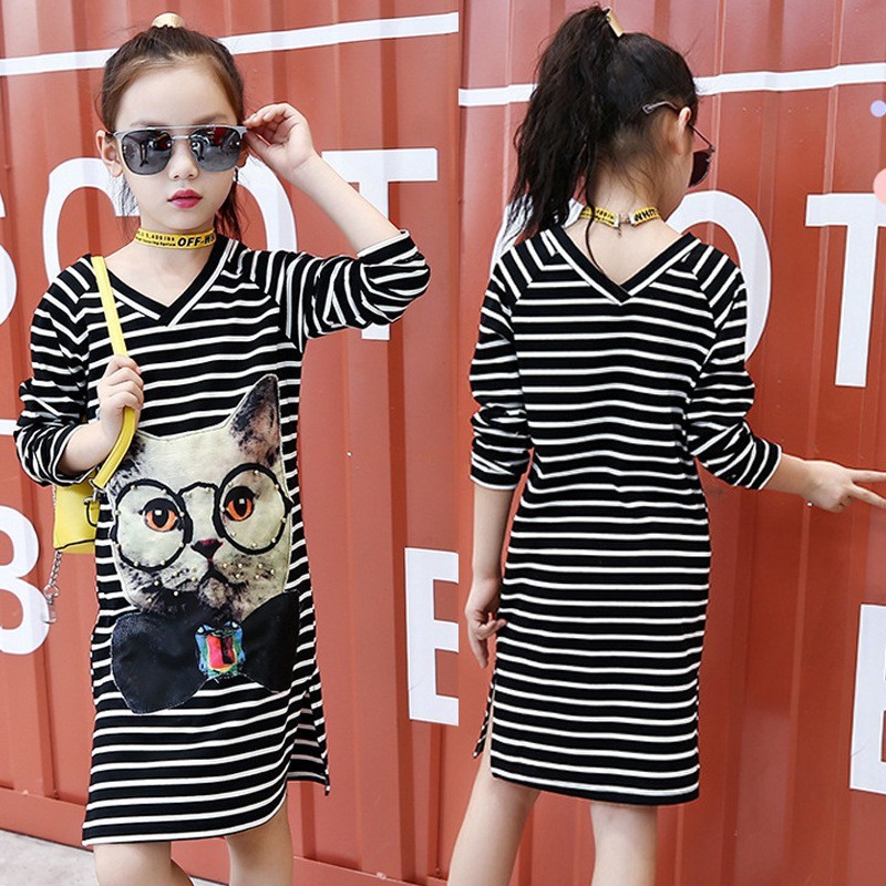 ✨CindyMom✨ Đầm sọc suông cổ chữ V họa tiết mèo dễ thương cho bé gái Quần áo trẻ em
