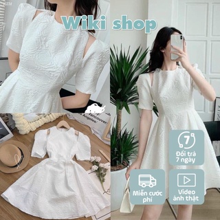 Váy đầm nữ trắng cộc tay khoét vai đính đá chất gấm dáng xòe A freesize Wikishop dự tiệc prom sang chảnh C967