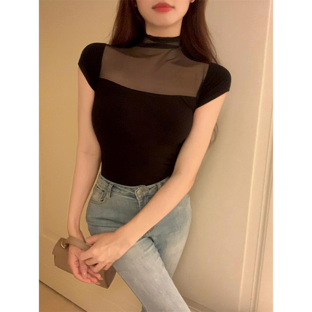 qkoole Áo Thun Nữ Ngắn Tay Cổ Cao Thời Trang Hàn