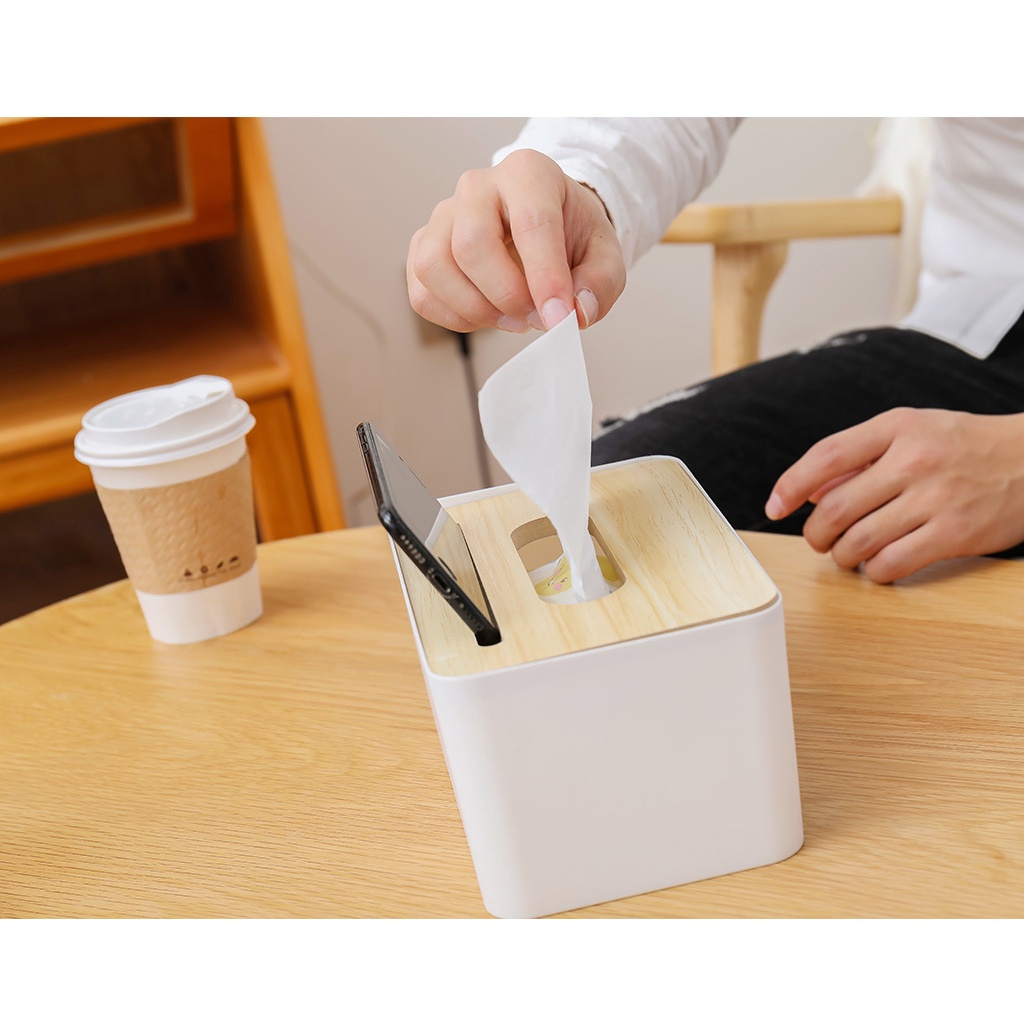 Hộp nhựa đựng giấy ăn để bàn mặt gỗ tre tích hợp ngăn để đồ tiện lợi - Thiết kế gọn nhẹ sang trọng Kho Sỉ Sài Thành