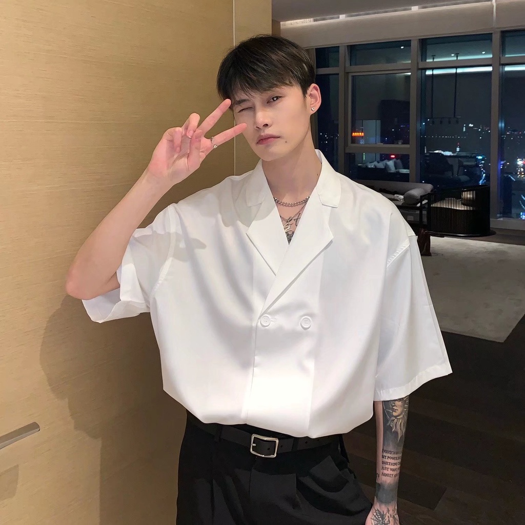 Áo Sơ Mi Tay Ngắn Vải Satin Thời Trang Mùa Hè Phong Cách Hàn Quốc Cho Nam