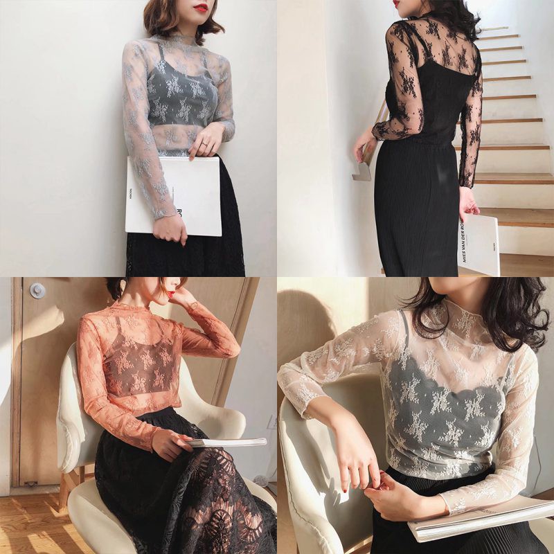 Áo thun dài tay cổ cao phối lưới đàn hồi cho nữ