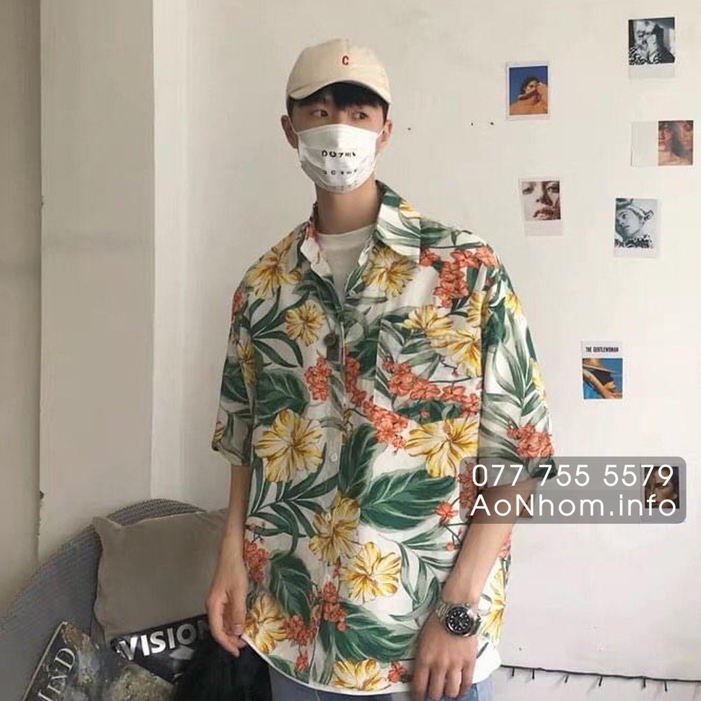 Áo Sơ Mi Hawaii Đi Biển Mềm Mát - Bông Bụt Trắng - Áo Đôi Đồng Phục Nhóm Lớp Team Building Hoạ Tiết Hoa Lá Trái Cây