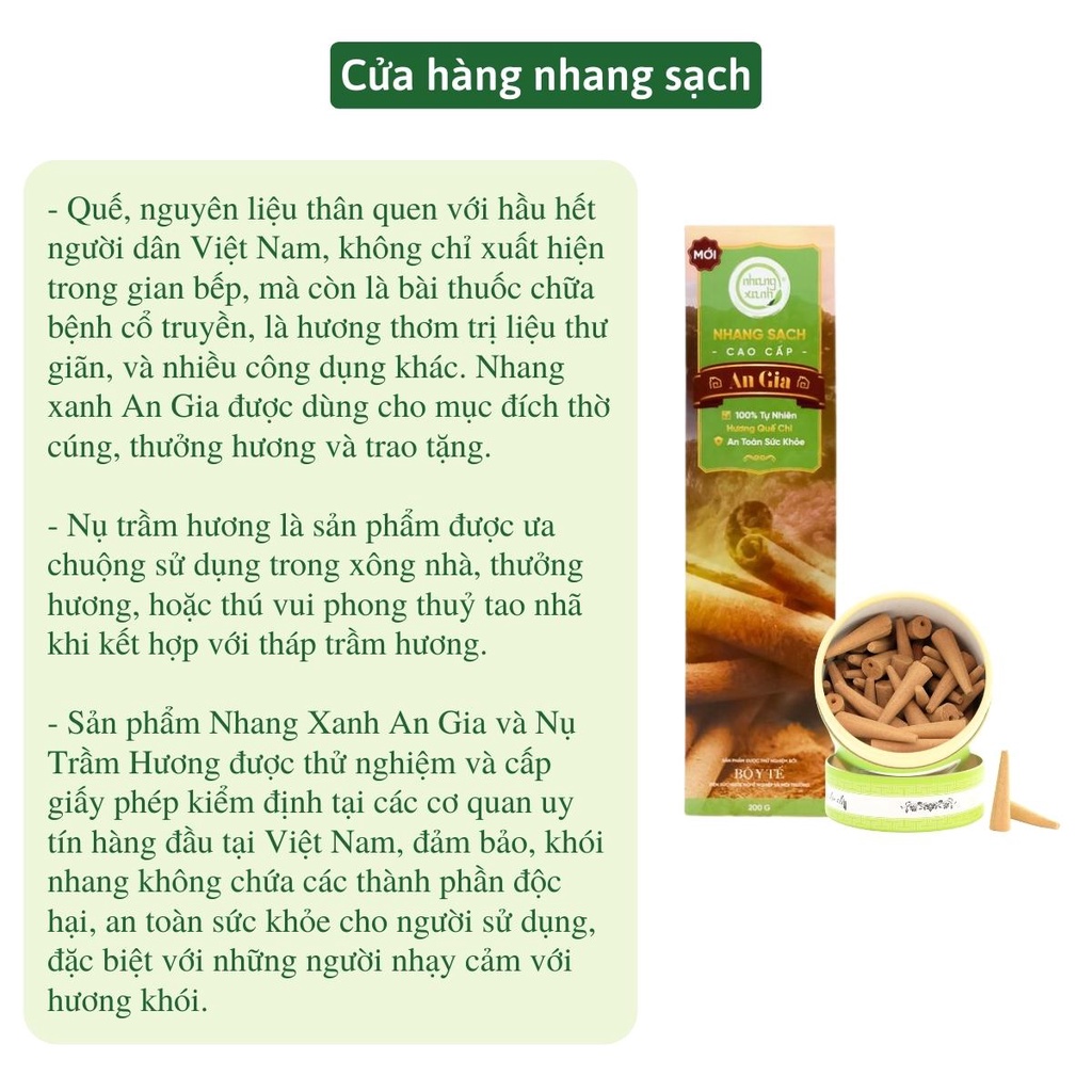 Combo Nhang Xanh Quế Chi An Gia Hộp 200gr 30cm và nụ trầm hương cao cấp 60 viên