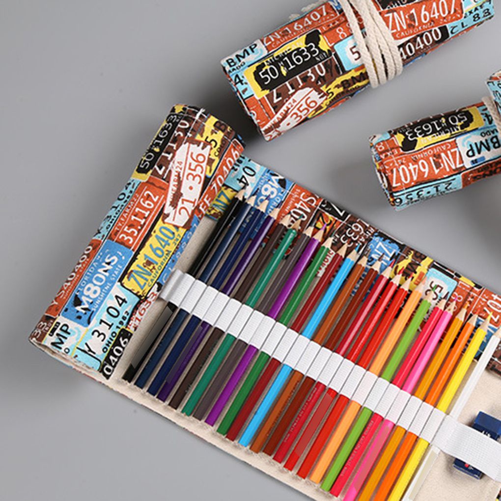 Car Plates Pattern Roll Up Canvas Paint Brush Case Pencil Bag Drawing Pen Pouch Storage 12-72 Holes