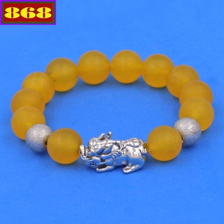 Vòng tay phong thủy Tỳ hưu inox trắng - Chuỗi đá vàng mờ 12 ly VTAVMTHHBT12