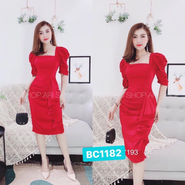 Đầm body nhún bèo tay lỡ SIÊU XINH - Free size dưới 54kg