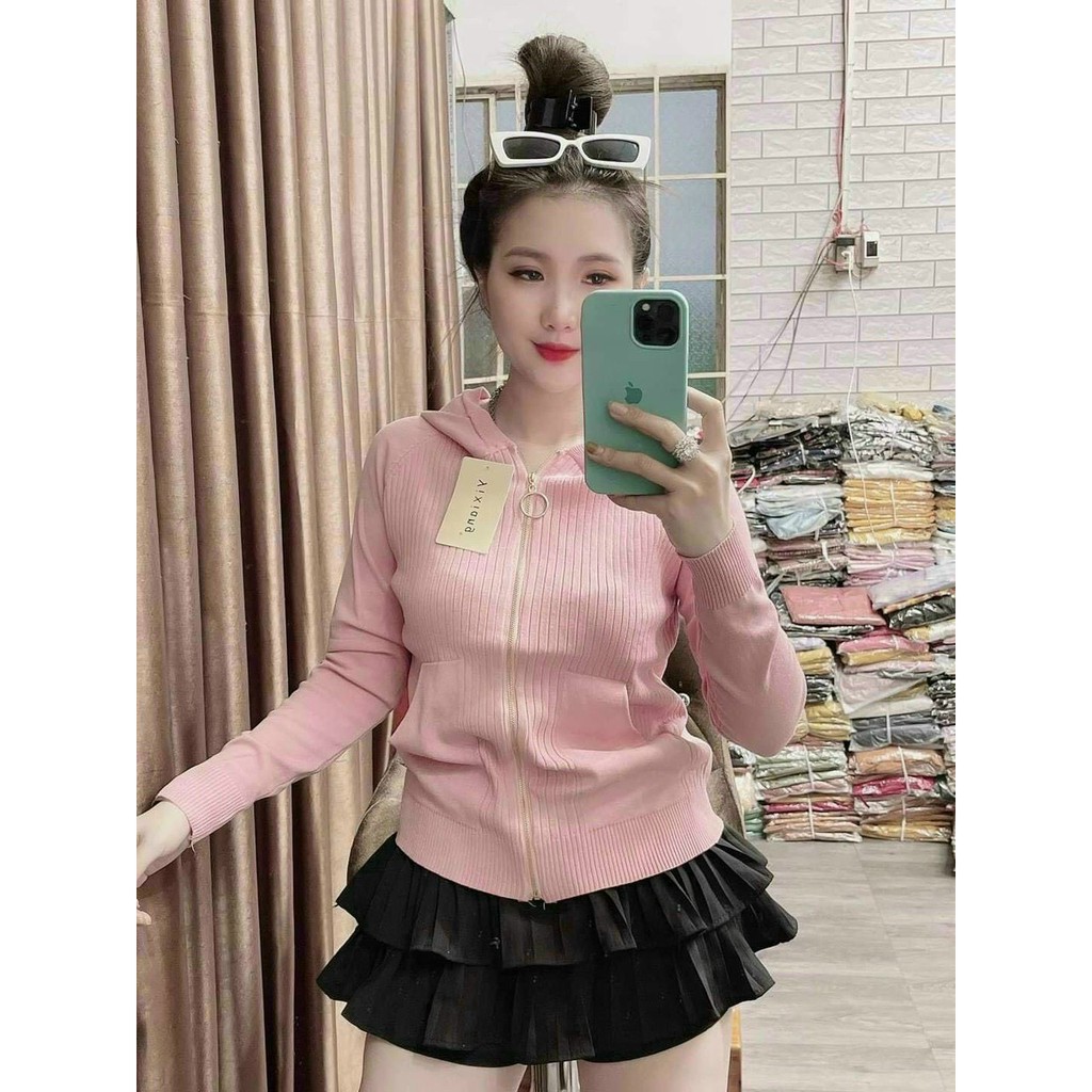 áo khoác nữ tay dài dây kéo có mũ phối hai túi bên hông chất len dày dặn siêu đẹp hàng quảng châu cc m53