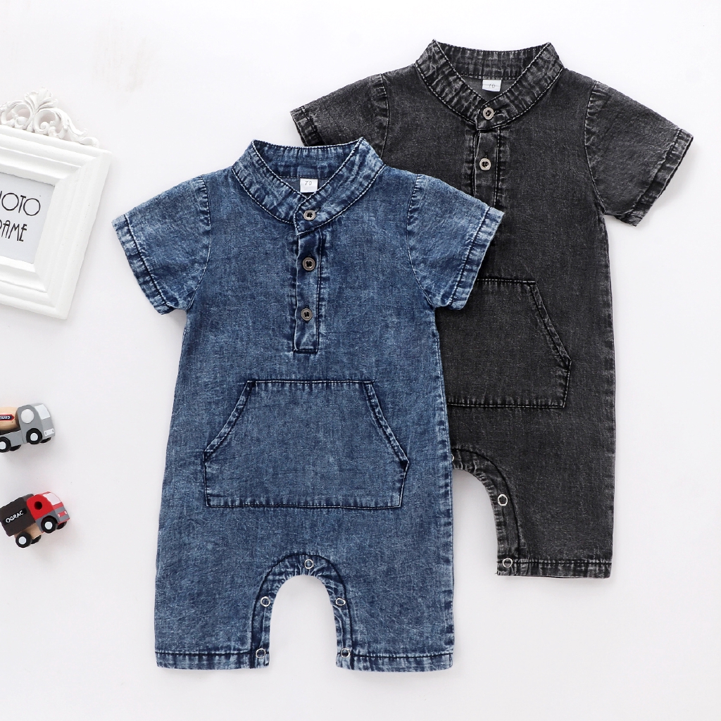 1 Bộ Jumpsuit Denim Tay Ngắn Cho Bé Trai &amp; Gái Sơ Sinh Từ 0-18 Tháng Tuổi