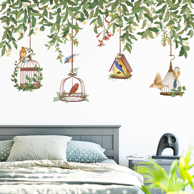Decal trang trí tường - Rèm dây leo và những lồng chim nhỏ