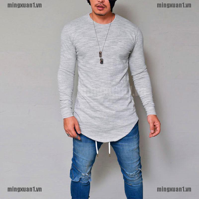 MINON Mens Gym T Shirt Longline Slim Fit Muscle Long Sleeve Curved Hem Tee Tops Casual VN
