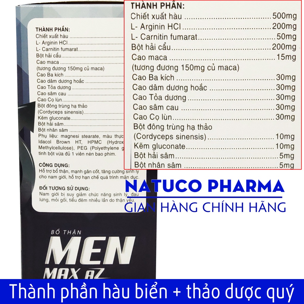 Viên uống bổ thận MEN MAX AZ- Thành phần từ Hàu biển, ba kích, tỏa dương giúp tăng cường sinh lý nam giới hiệu quả