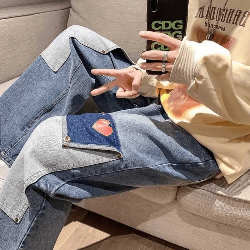 Quần Jean Dài Phong Cách Hip Hop Đường Phố Hàn Quốc Cá Tính Cho Nam Size S-3XL