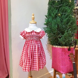MK073 Đầm smock đỏ caro cổ sen tay phồng