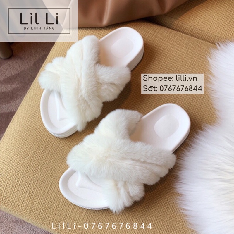 Dép lông quai ngang quai chéo lông xù bản to cao cấp mang trong nhà, văn phòng, đi chơi