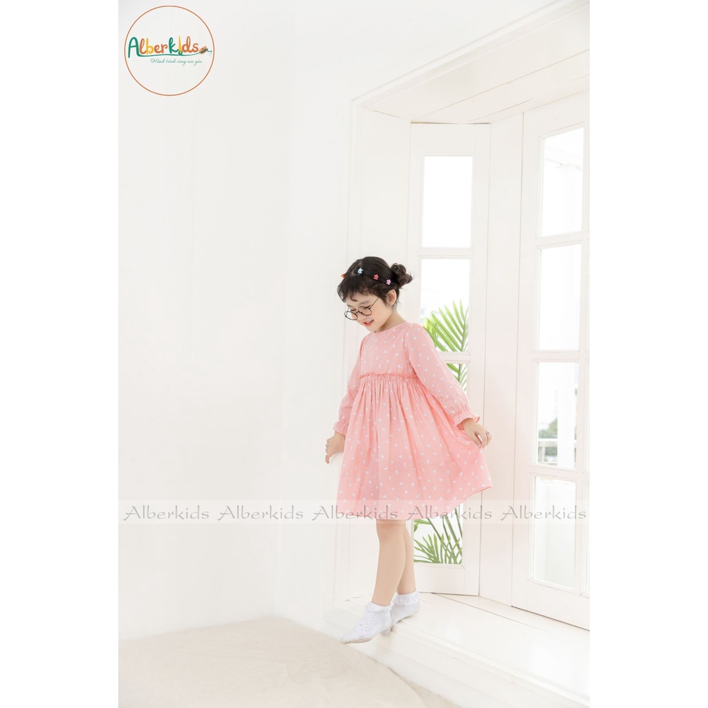Váy bé gái ALBERKIDS tay dài hồng hình TRÁI TIM công chúa xinh đẹp cho trẻ em gái từ 2,3,4,5,6,7,8,9,10,11,12 tuổi [V40]