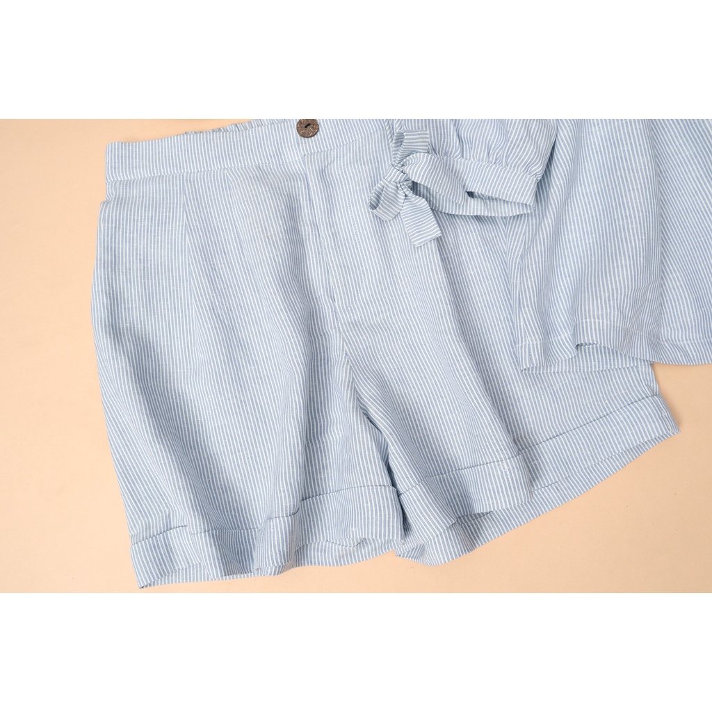Set quần áo nữ trung niên cao cấp chất linen, áo kiểu trễ vai nơ kẻ sọc xanh - Thời trang KACHISA 508