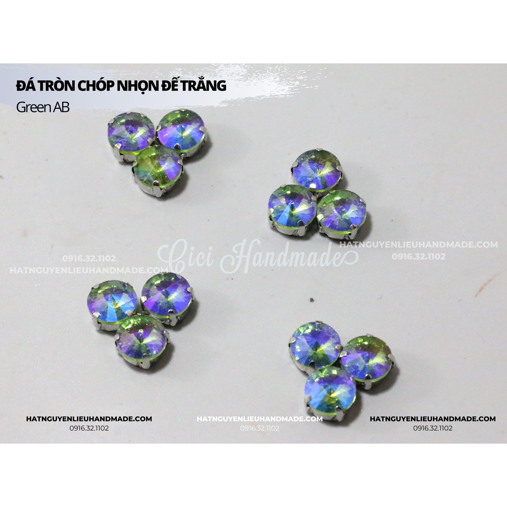 Set 5-10 hạt đá tròn chóp nhọn đế trắng lỗ khâu link 1/2 Cici Handmade chuyên hạt đá hạt pha lê hạt cườm hạt trang sức