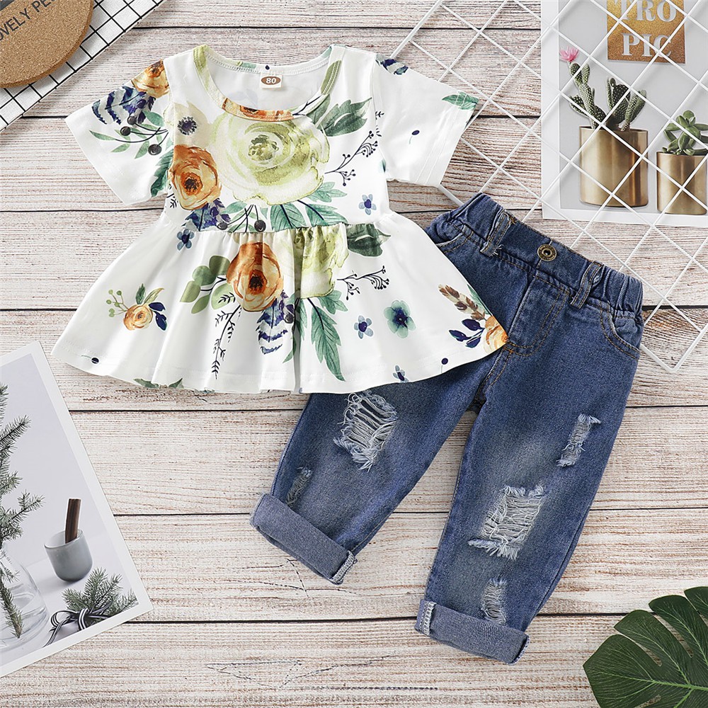 Set đồ Mikrdoo áo tay ngắn/dài in hoa với quần chất denim đáng yêu cho bé gái (tự chọn)