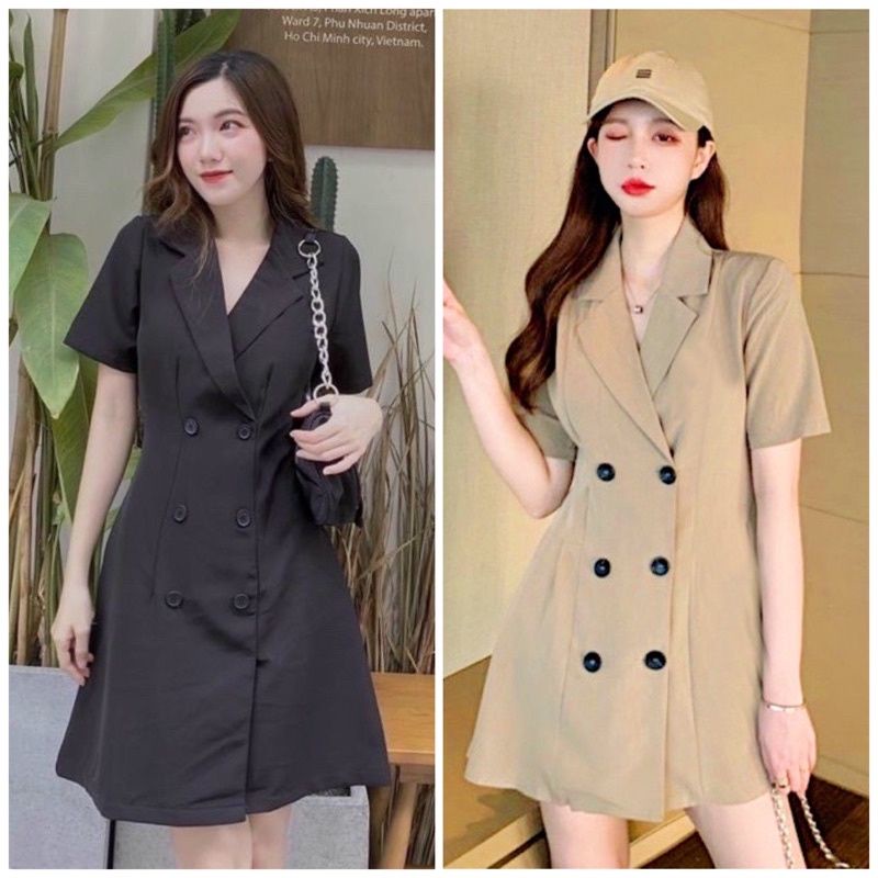 Đầm cổ vest đính khuy sang trọng nhiều màu