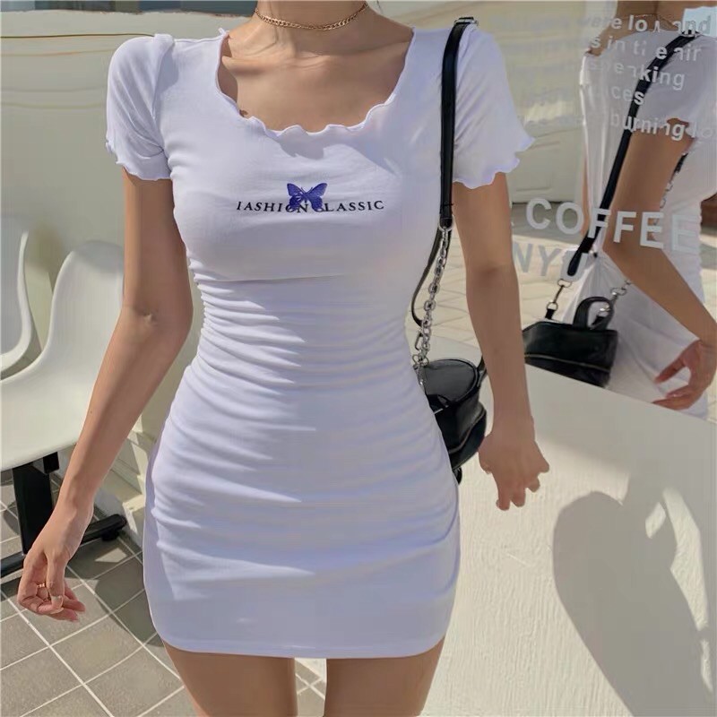 [Order] Đầm body cổ bèo dáng ngắn mẫu hè 2020. Váy thun body dáng thể thao cộc tay hình thật cuối