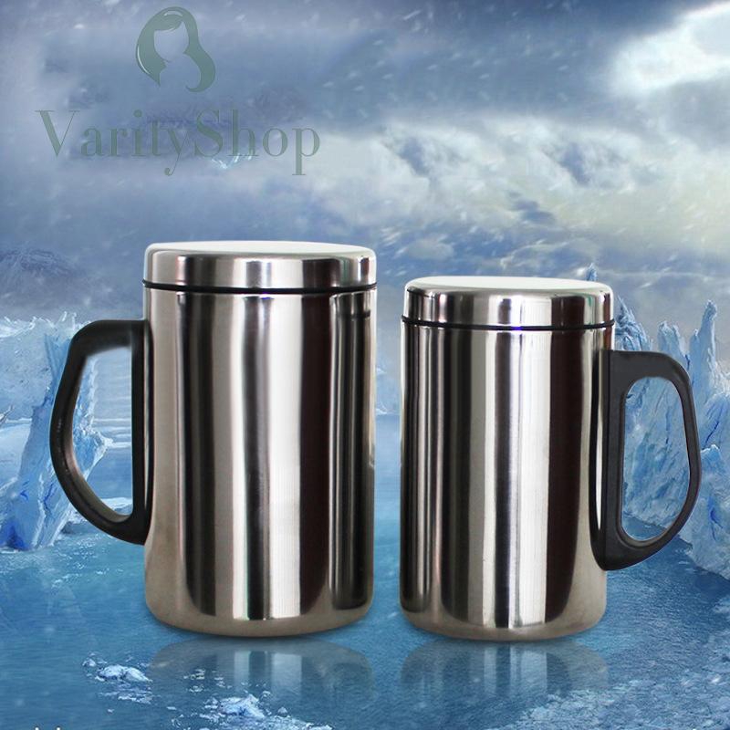 Cốc đựng café 350/500ml bằng thép không gỉ có nắp đậy tay cầm cách nhiệt du lịch dã ngoại tiện dụng