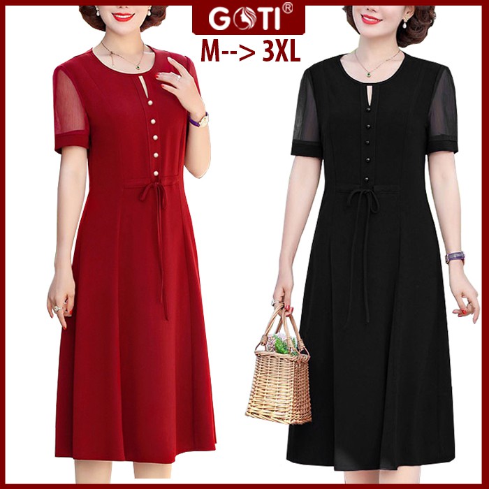 GOTI - Đầm Trung Niên Dáng Dài Kiểu Dự Tiệc Cao Cấp Vải Lụa Mềm Mịn Tay Ngắn Cho Mẹ U40 U50 3330 | BigBuy360 - bigbuy360.vn