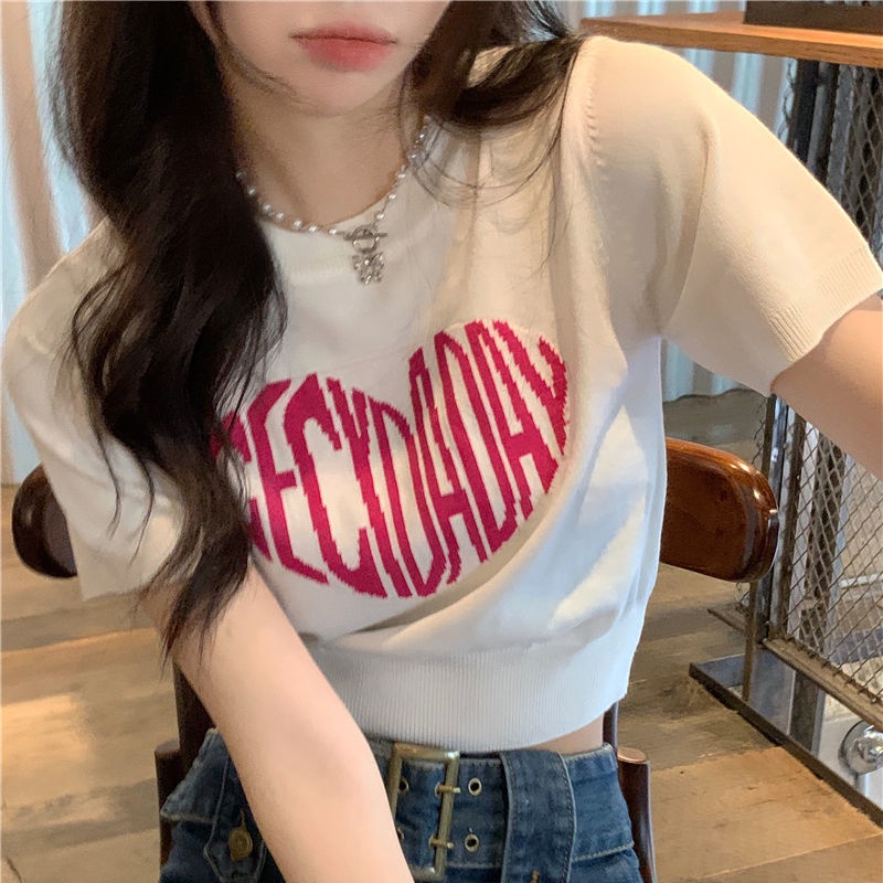 Áo Thun Dệt Kim Màu Xanh Đen Trắng Tay Ngắn Dáng Ôm Croptop Chữ Phong Cách Hàn Quốc Loại 1