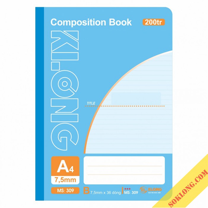 Vở A4 200 trang kẻ ngang may dán gáy Compostion Book KLong, cuốn tấp sổ Klong MS 309