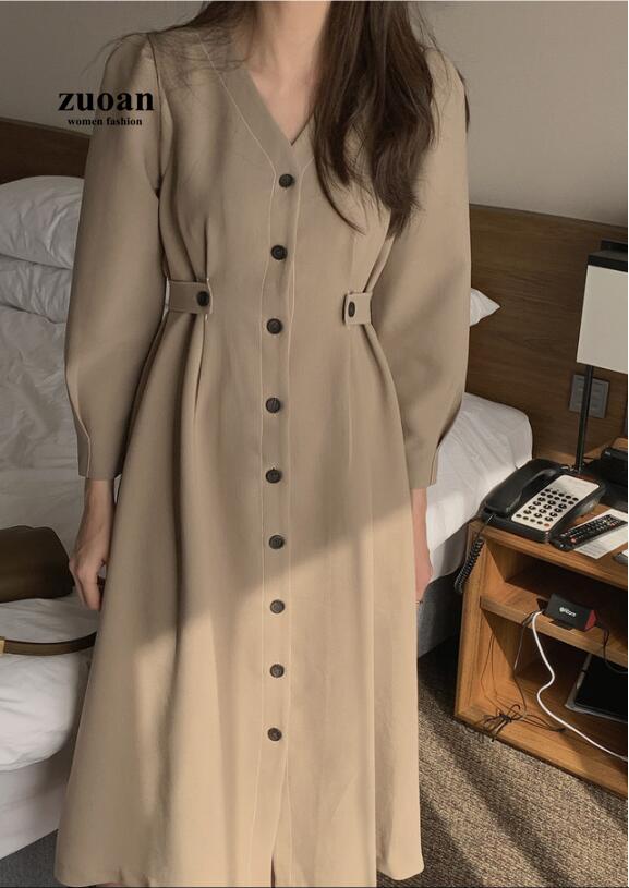 Đầm midi nữ SUXI cổ chữ V màu trơn phong cách Hàn quốc