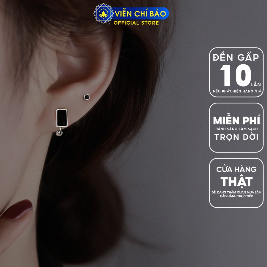 Bông tai bạc nữ đính đá vuông đen trẻ trung cá tính bạc 925 thời trang phụ kiện trang sức nữ Viễn Chí Bảo B000055