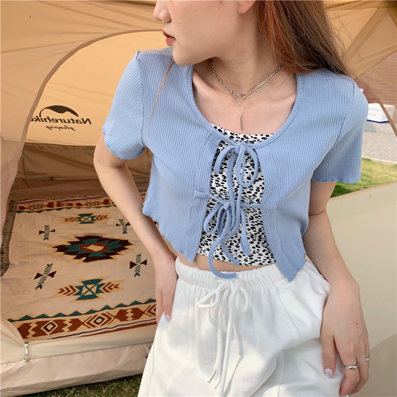 NUZIRO  Áo croptop hai dây + áo khoác cardigan ngắn tay thời trang Hàn Quốc 2021 cho nữ