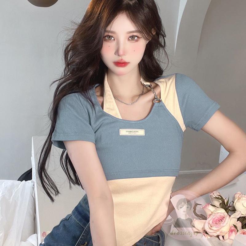 Áo Thun Tay Ngắn Cổ Yếm Màu Sắc Tương Phản Thời Trang Mùa Hè Dành Cho Nữ