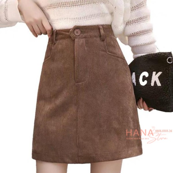 Chân váy nhung tăm dáng chữ A ngắn có túi lót quần trong - Cạp lưng cao - Màu Đen Nâu Kem - Vải nhung mềm mịn dày dặn | BigBuy360 - bigbuy360.vn