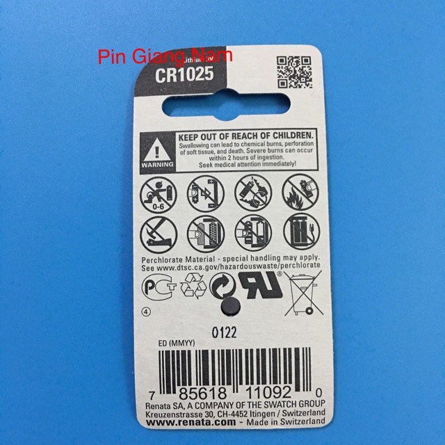 Pin CR1025 Renata 3V Lithium vỉ 1 viên