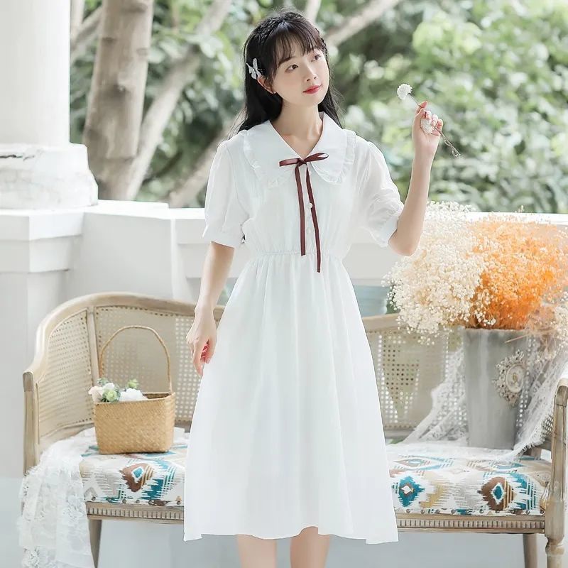Váy babydoll Đầm Trắng Dáng Dài Phong Cách Nhật Bản Thời Trang Mùa Hè Hàng Mới Dành Cho Nữ Sinh Trung Học