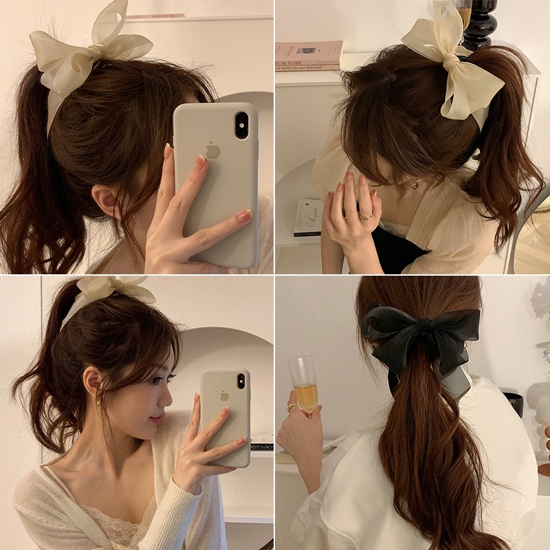 Kẹp Tóc Nơ Vải Chiffon Phối Lưới Cố Định Tóc Đuôi Ngựa Cho Nữ