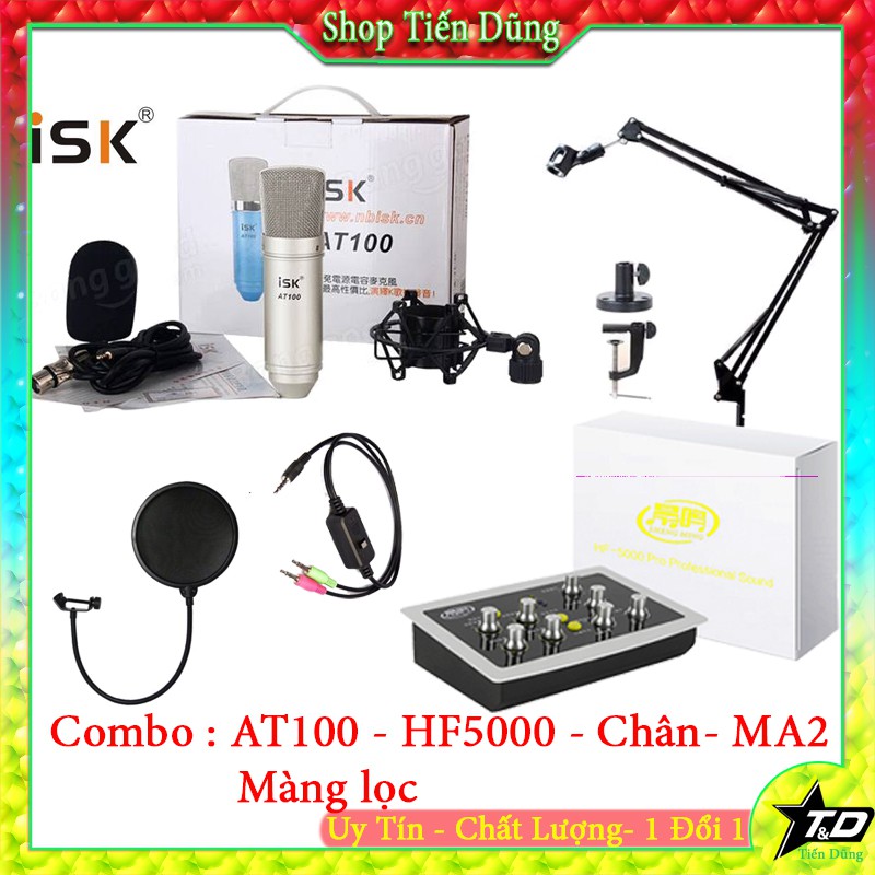 Combo Mic Thu Âm ISK AT100 (chính hãng) Sound Card HF-5000 Pro Max II Auto Tune và chân đế màng lọc dây livestream