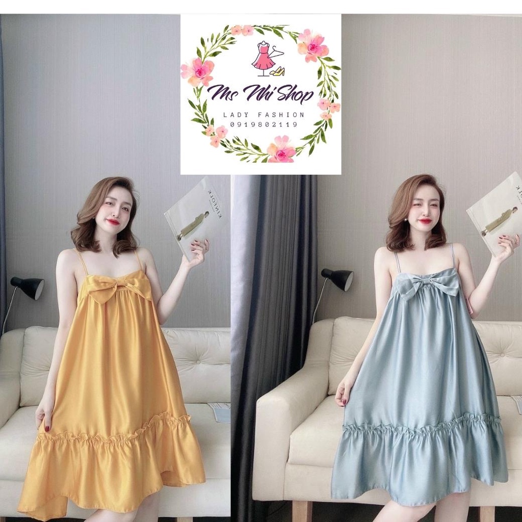Đầm ngủ hai dây , Đầm lụa satin lụa cao cấp [ảnh thật]