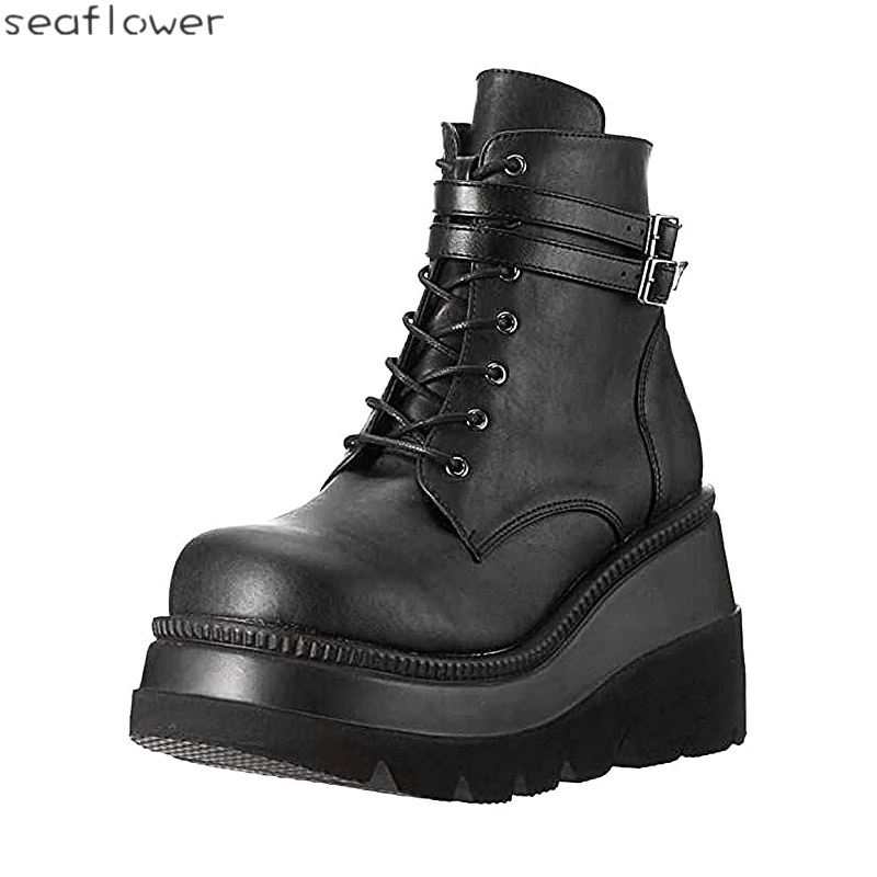 Giày Bốt Mũi Tròn Đế Dày Cột Dây Chống Thấm Nước Thời Trang Cho Nữ