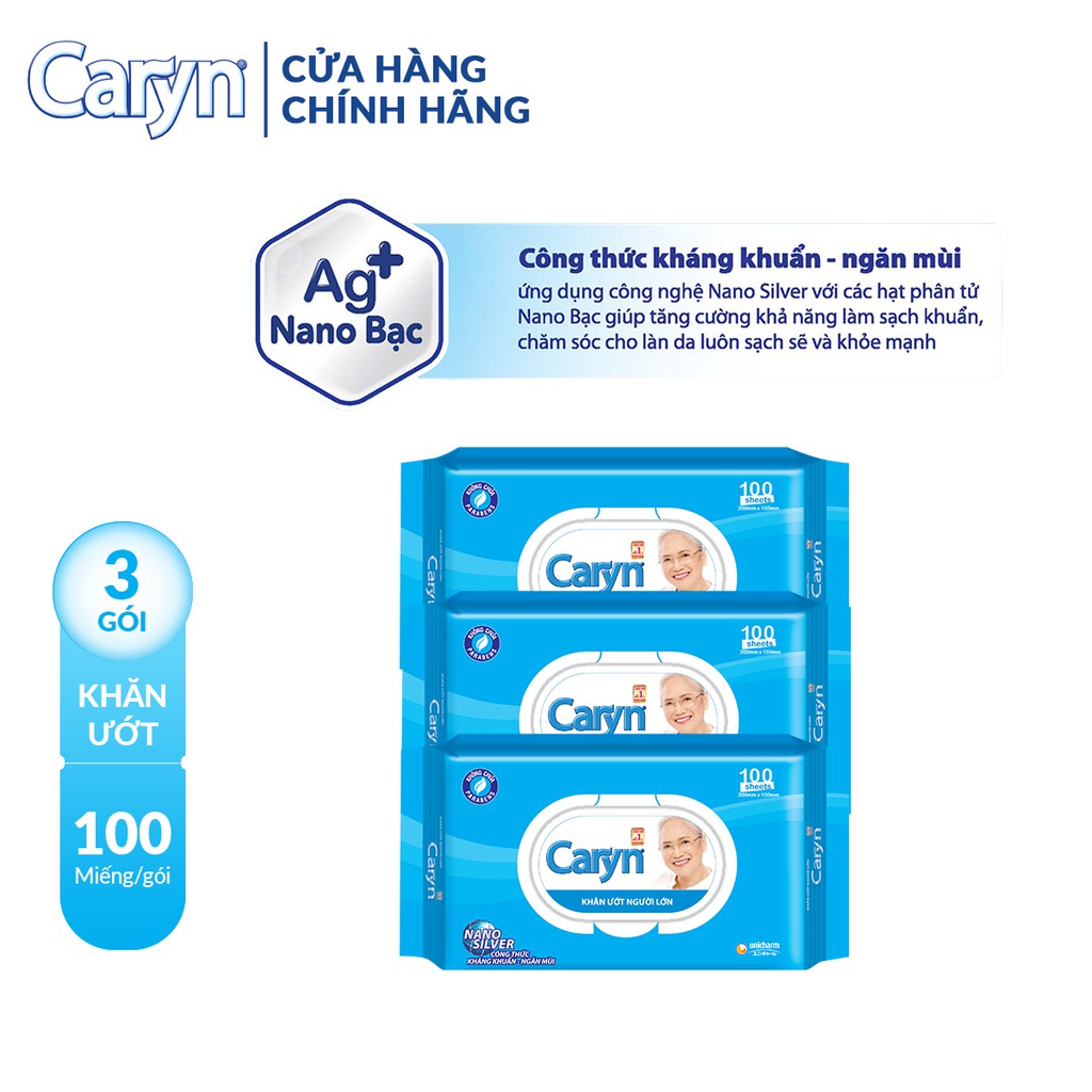 Combo 3 gói Khăn ướt Caryn 100 miếng /gói - Công thức kháng khuẩn - ngăn mùi