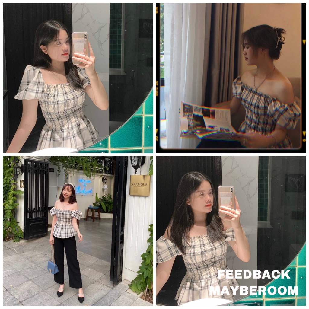 Áo sơ mi kẻ thiết kế bo chun Linda Mayberoom