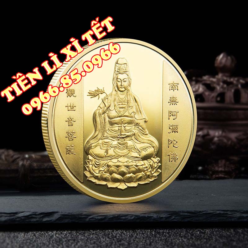Móc khóa đồng xu Quan Âm Phong thủy tài lộc may mắn