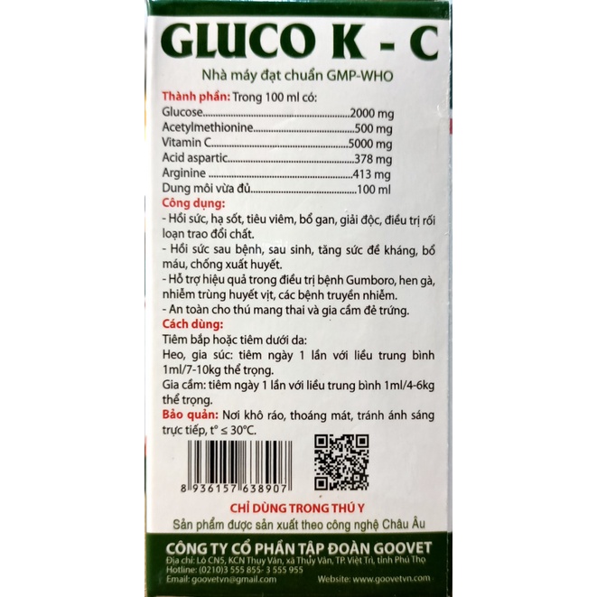 GLUCO K-C 100ml Goovet. Gluco kc dùng trong chăn nuôi, cung cấp vitamin và bổ sung dinh dưỡng