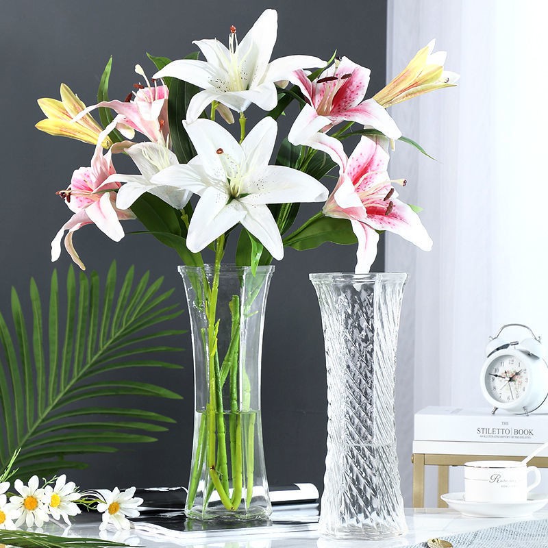 ❐♚Bình thủy tinh dày phòng khách cắm hoa đồ trang trí thủy canh phong phú hoa ly tre mảnh Châu Âu cực lớn trong suốt bìn