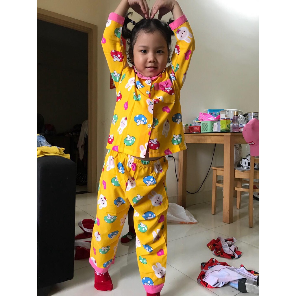 Bộ quần áo Pijama trẻ em vải Lụa dài tay họa tiết phối viền cho bé gái (12-32kg) - Hirokids